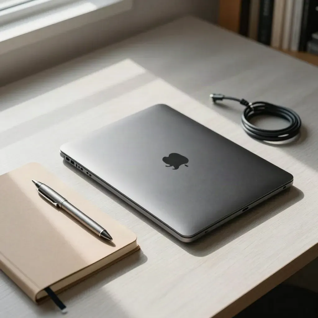 Notebook ultrabook e accessori ordinati su scrivania luminosa, luce del mattino.