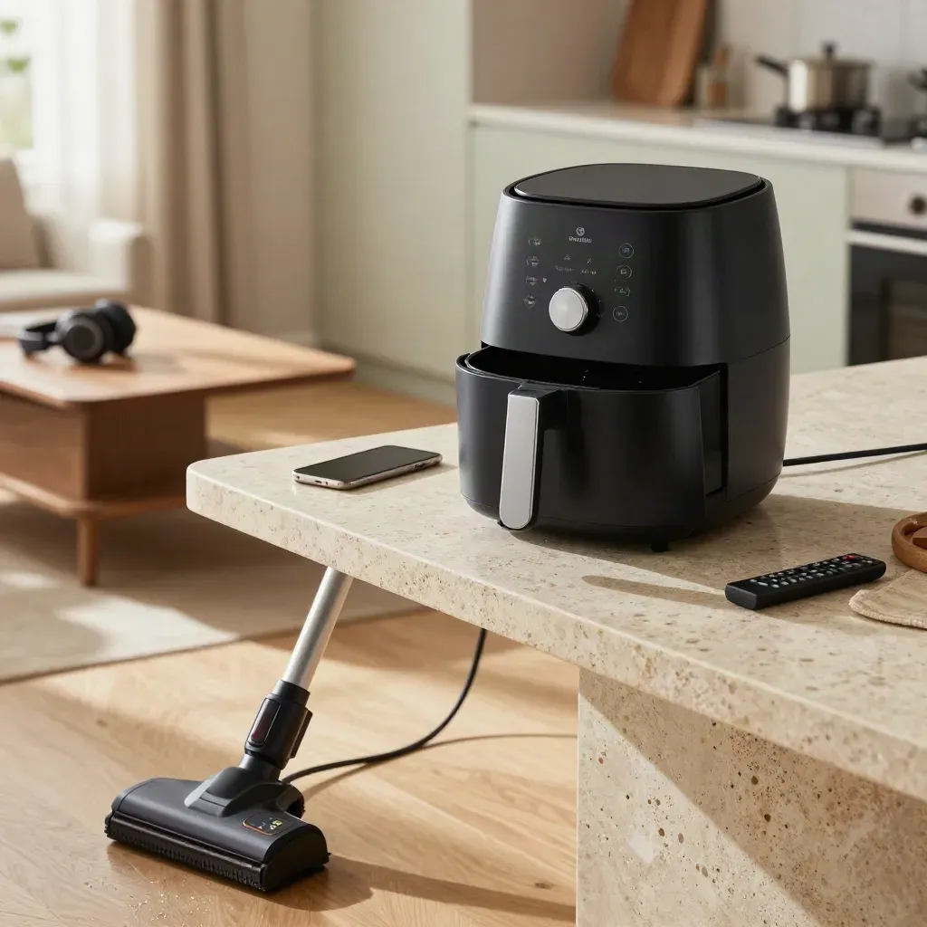Friggitrice ad aria, aspirapolvere cordless, smartphone e cuffie in un salotto luminoso dopo la pioggia.