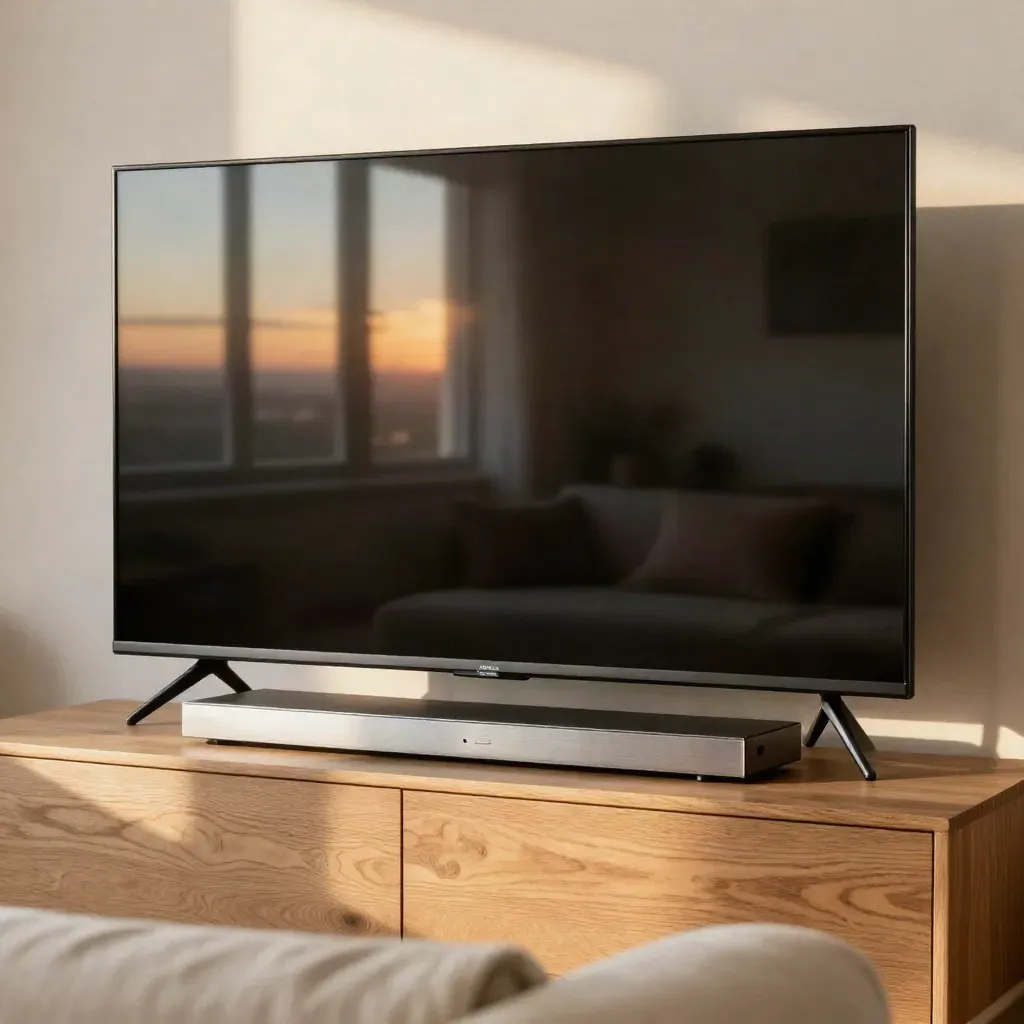 TV moderno spento su mobile in rovere con soundbar e plaid, riflesso del tramonto sul vetro