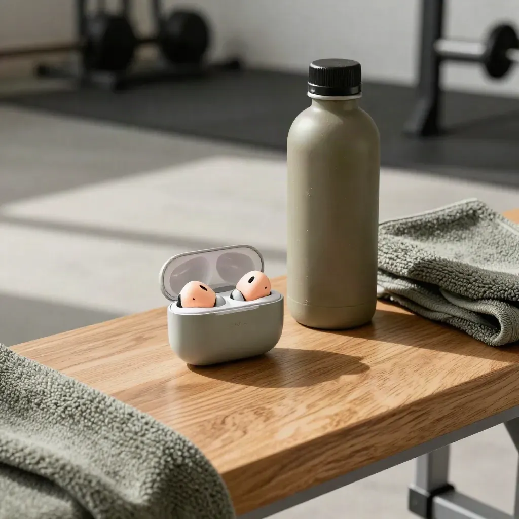Auricolari true wireless in custodia aperta su panca da palestra con borraccia e asciugamano.