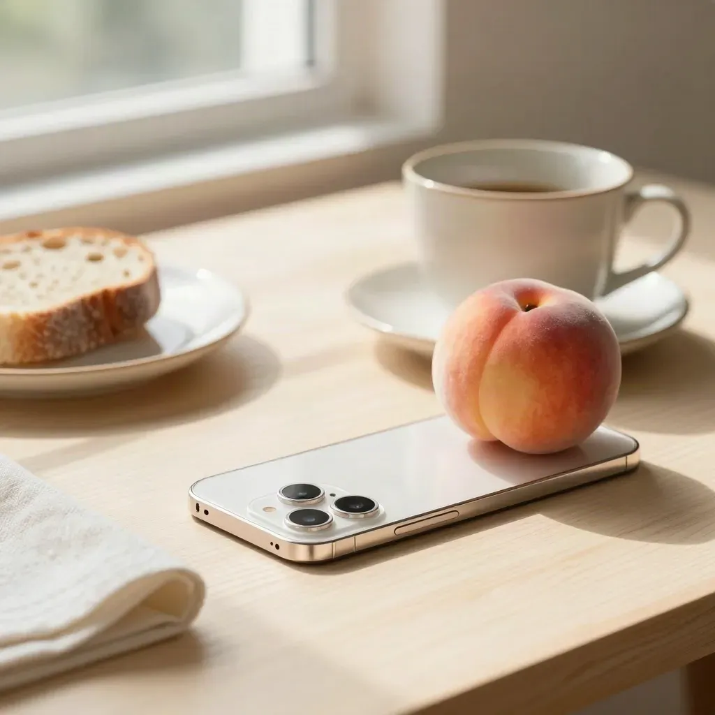 Smartphone chiaro accanto a pesca, tazza e pane su tavolo luminoso.
