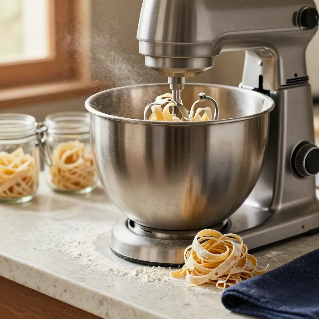 Robot da cucina in acciaio con pasta fresca, farina e barattoli su piano in travertino.
