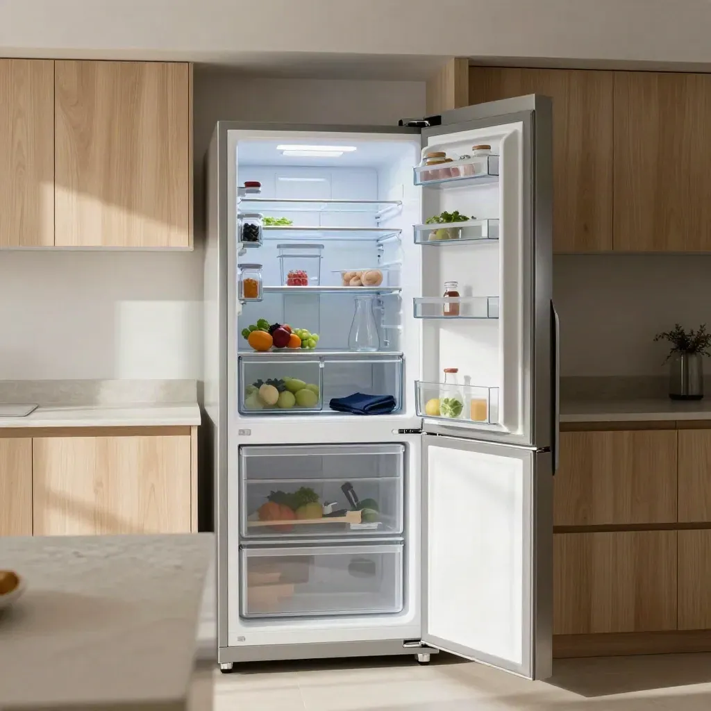 Frigorifero no-frost aperto in cucina, con ripiani ordinati e contenitori di vetro