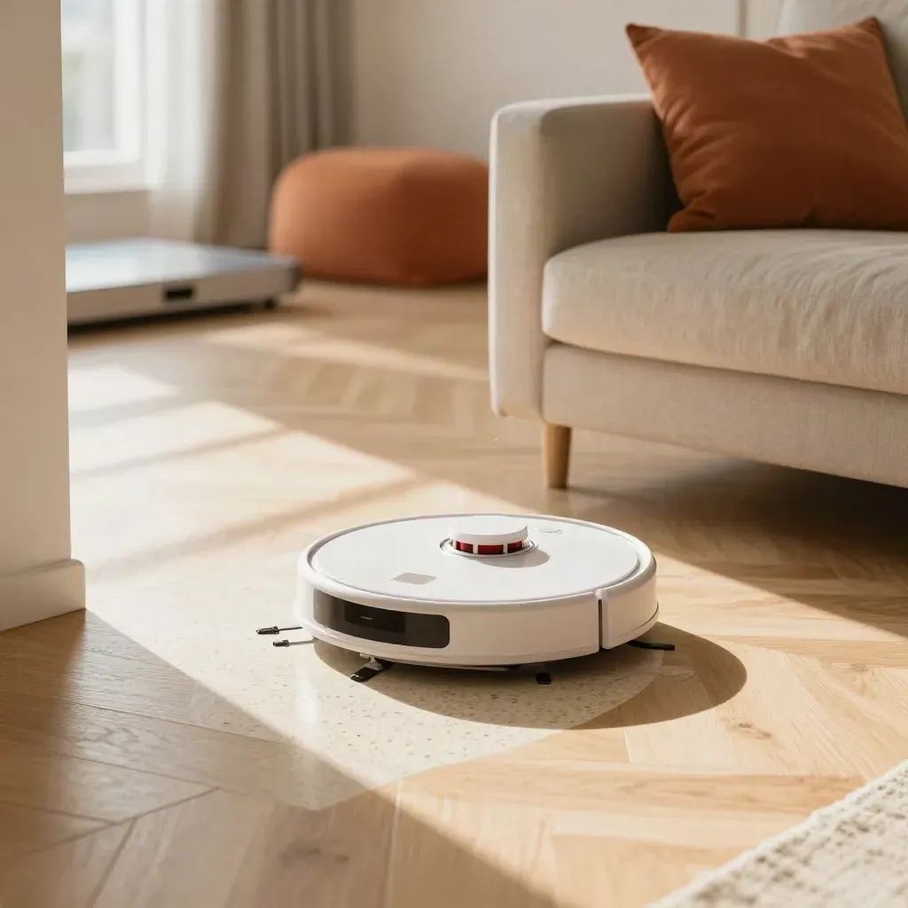 Robot aspirapolvere che supera la soglia del soggiorno su parquet illuminato dal mattino