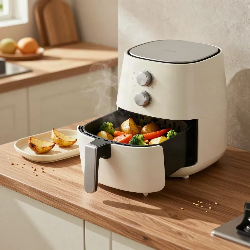 Friggitrice ad aria con verdure e patate arrostite, teglia in ceramica e vapore in cucina calda.