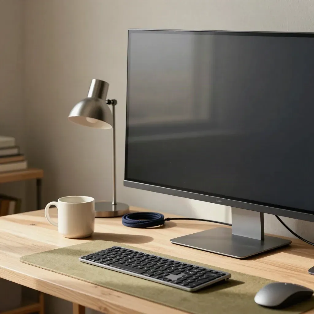 Monitor da lavoro su scrivania compatta con tazza, tastiera e lampada in luce pomeridiana.