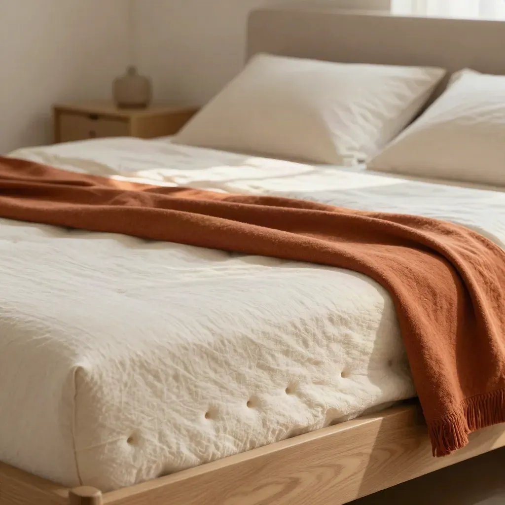 Letto con materasso memory, lenzuola di lino e coperta arancione in una camera calma