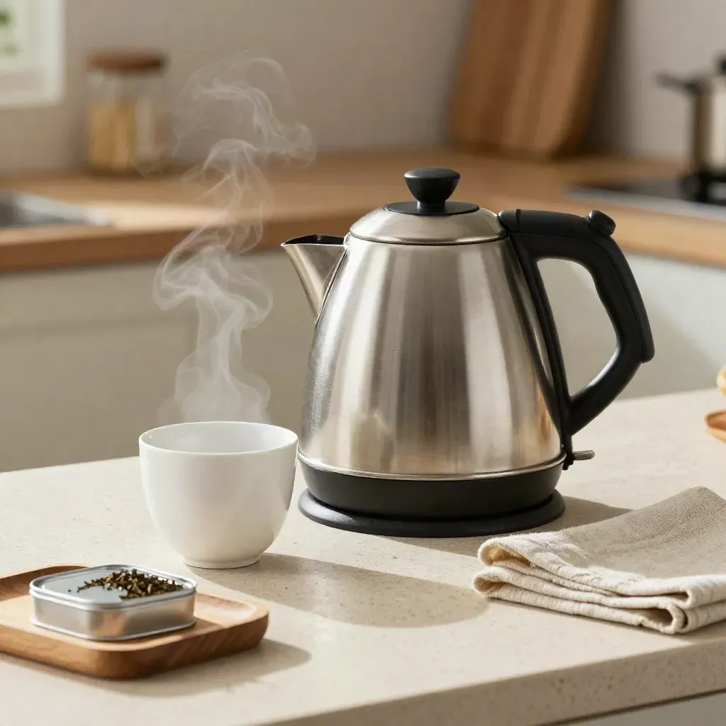 Bollitore elettrico con tazza in ceramica e tè sfuso su vassoio in legno, con vapore caldo in cucina.