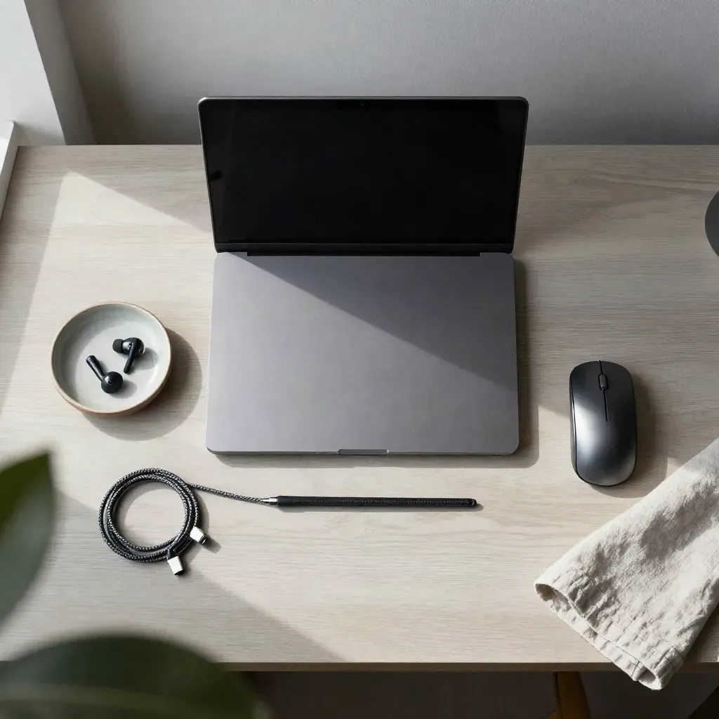 Notebook grafite chiuso con auricolari, cavo intrecciato e accessori su legno chiaro