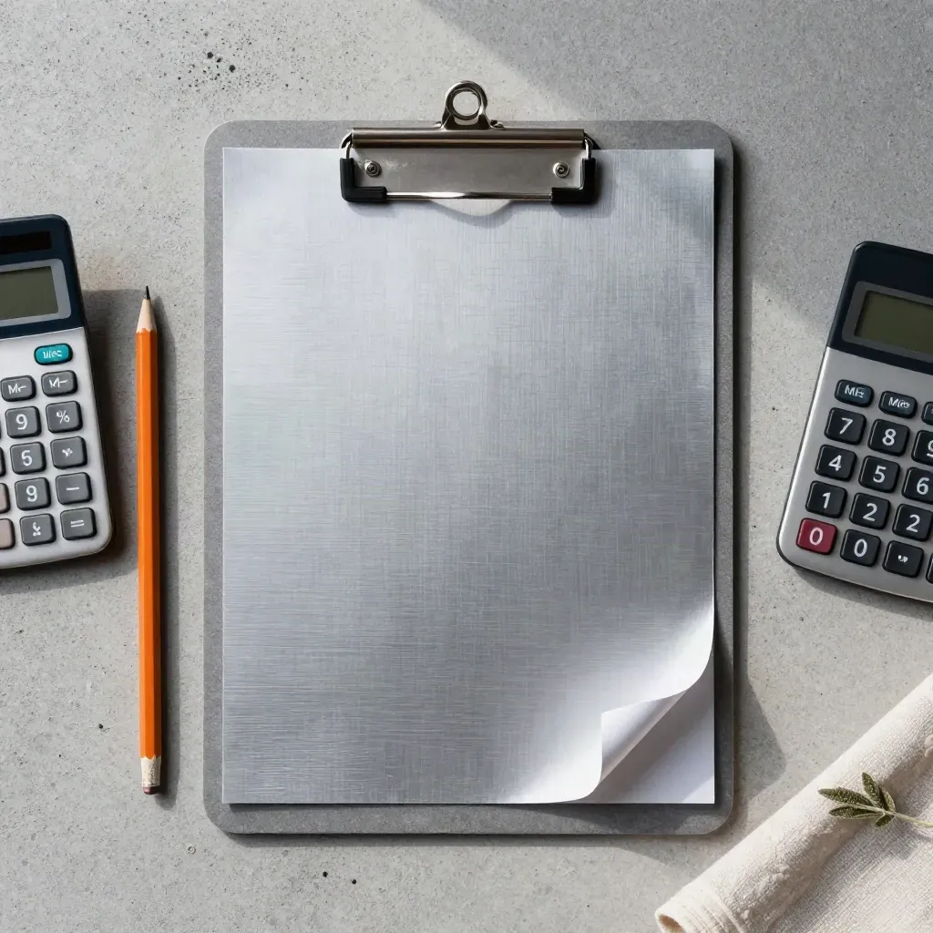 Flatlay dall’alto con clipboard metallico, fogli, matita e calcolatrice su cemento chiaro