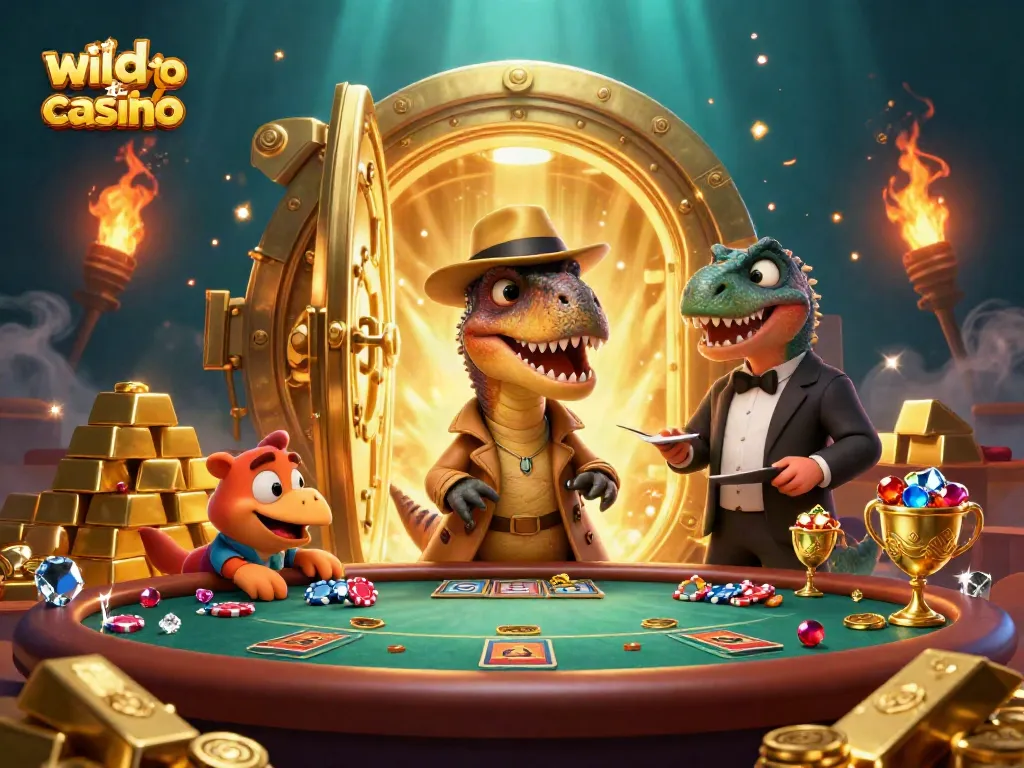 Experience thrilling action at wild tokyo casino with a cartoon velociraptor at the blackjack table.